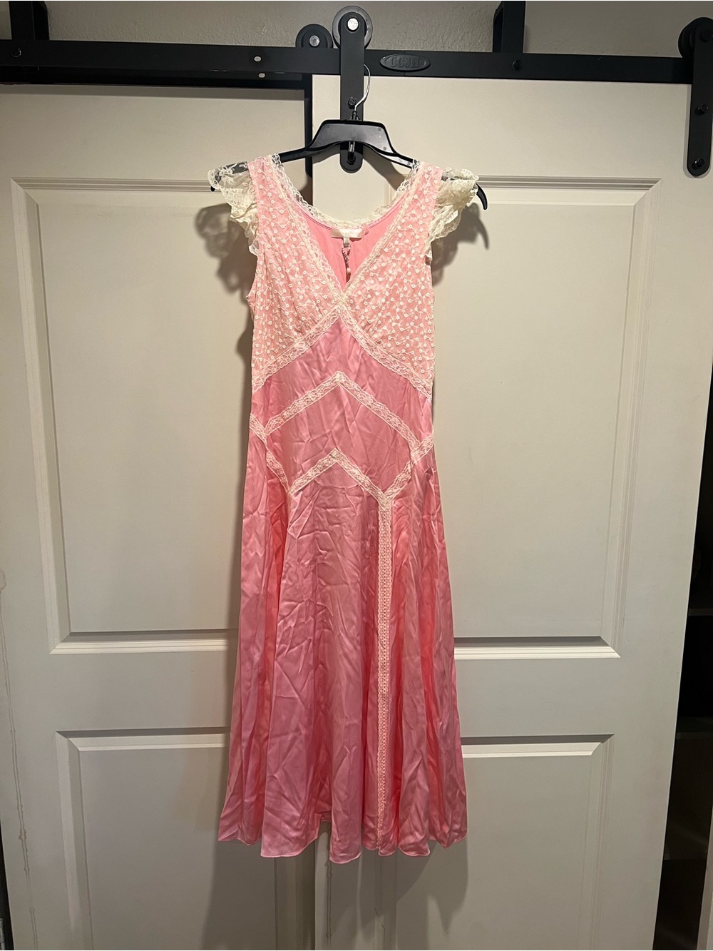 LoveShackFancy Pink and Cream Lace-Trim Maxi Dress